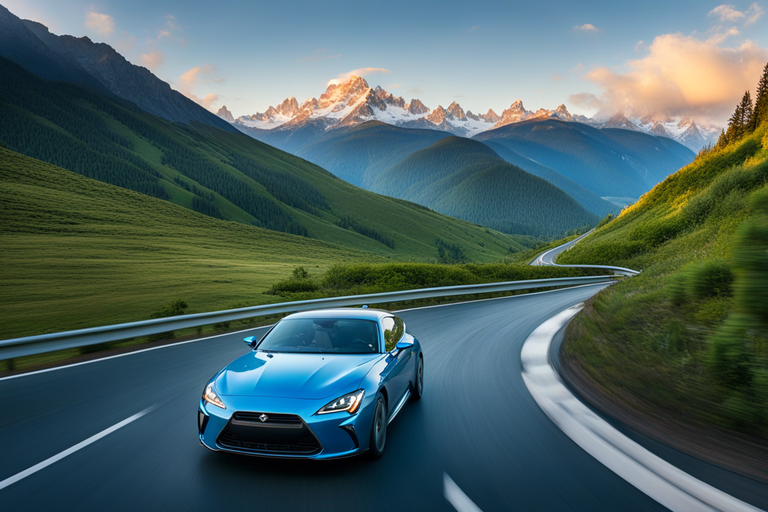 car driving along a winding road with a mountainous backdrop,