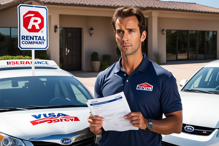 image of a foreign driver standing in front of a rental car in the USA, holding an insurance policy with the rental company logo, with a confused expression on their face. 