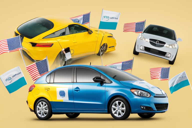 person holding an international driver's permit next to a rental car, surrounded by various foreign country flags, to visually represent the necessity of special auto insurance for foreign drivers.